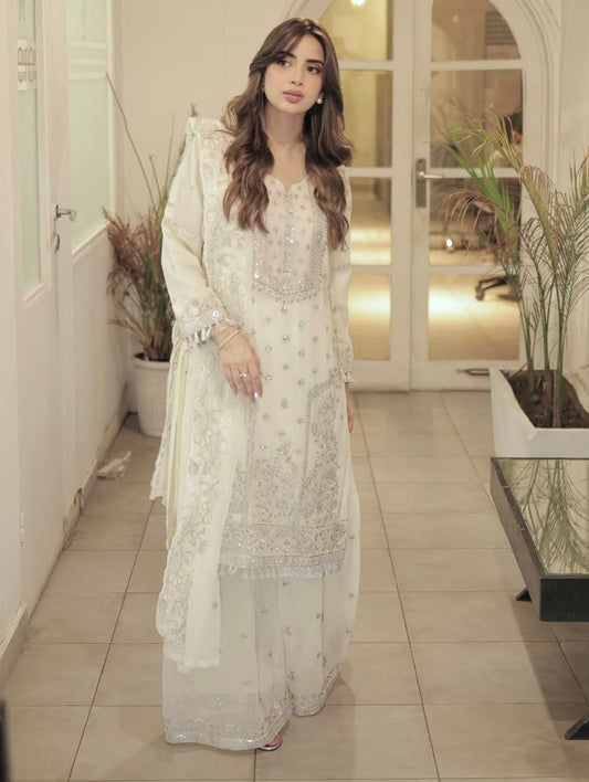 FOX GEORGETTE AND REAL HAND STONE WORK WITH SEQUENCE EMBROIDERY WORK & FANCY SLEEVE LACE WORK PALAZZA DRESS