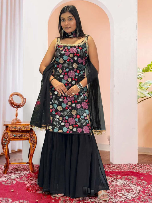 HEAVY FAUX GEPRGETTE WITH ATTRACTIVE & BEAUTIFUL EMBROIDERY SEQUENCE WORK SHARARA KURTI