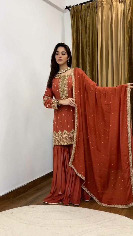 Pure Heavy Simmer Silk With Fully Flair Embroidery Sequence Work With Moti Work And Lace Border Sharara Palazzo Dress