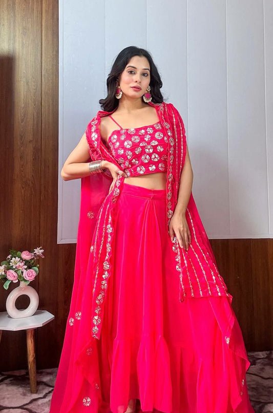 Georgette With Sequins , Zari & Paper Work Koti With Banglori Satin Blouse Type Skirt , Koti & Blouse