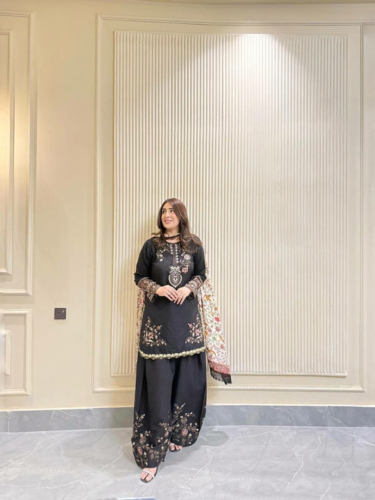 HEAVY MASKA COTTON WITH ATTRACTIVE & PRETTY EMBROIDERY SEQUENCE AND THREAD WORK WITH BEAUTIFUL DIGITAL PRINT DUPATTA TYPE PALAZZO KURTI