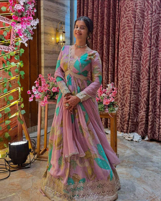 Fox Georgette With Embroidery Siquence Work And U-Round Neck With Dupatta Type Gown