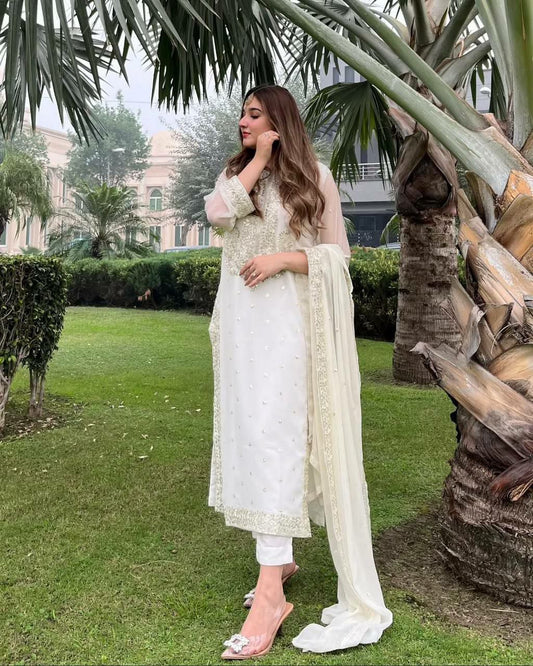Heavy Faux Georgette With Heavy Micro Cotton And Fancy Embroidery And Sequence Worked With Lace Border Dress