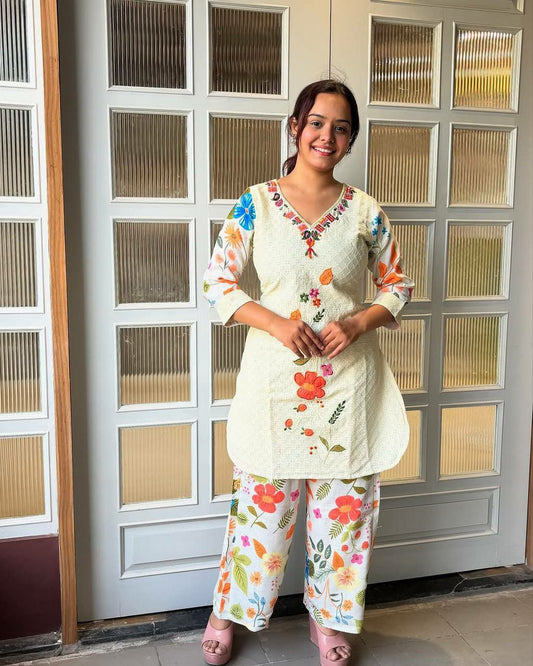 HEAVY PURE COTTON AND FANCY DIGITAL PRINT WITH SHIFALI EMBROIDERY WORK LESS BOTTOM SUIT