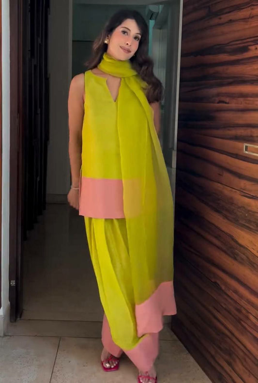 Natural Crap Silk And Tassels with Elastics And Pure Orgenza Silk Dupatta Type Top & Farshi Palazzo