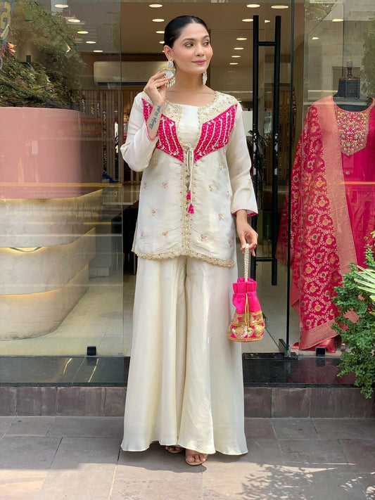 Roman Silk With Embroidery Coding Sequence Work With Bead Type Suit