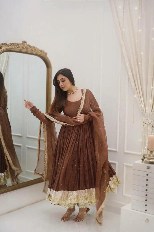 Heavy Faux Georgette With Moti Work And Lace Border Dupatta With Elastic Bottom Gown