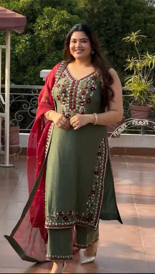 HEAVY VICHITRA SILK AND HEAVY EMBROIDERED SEQUENCE WORK WITH PERAL HAND WORK TYPE DRESS