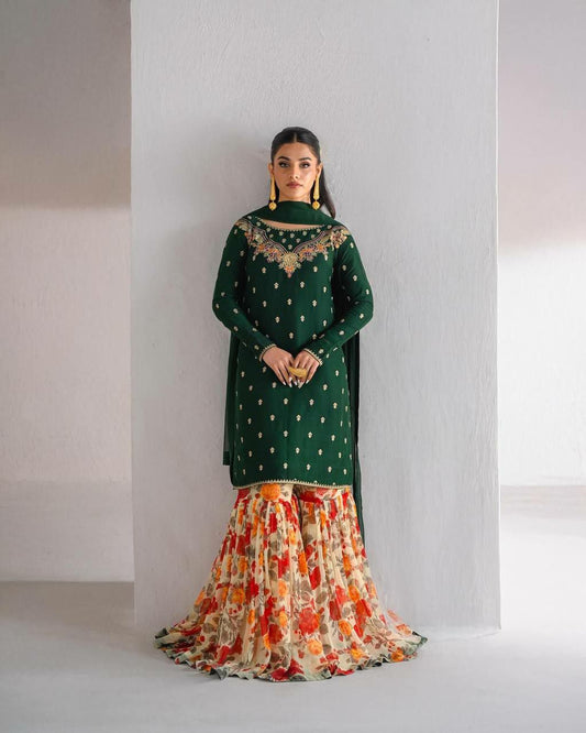 Fox Georgette With Heavy Micro Cotton And Embroidery Work Bottom Type Sharara Palazzo Dress