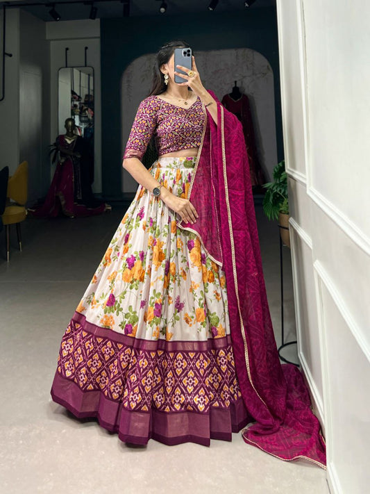 Tussar Silk With Floral And Patola Print With Foil Work & Drawstring With Heavy Tassels And Zip Type Lehenga Choli