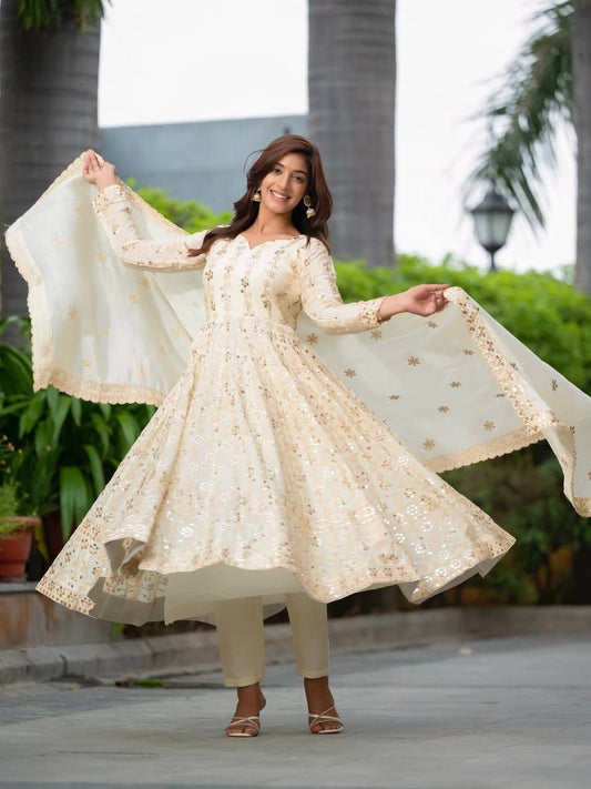Heavy Pure Chinon Silk And Sequence Embroidery Work With Four Side Fancy Lace Cut Work Bordar Anarkali Dress