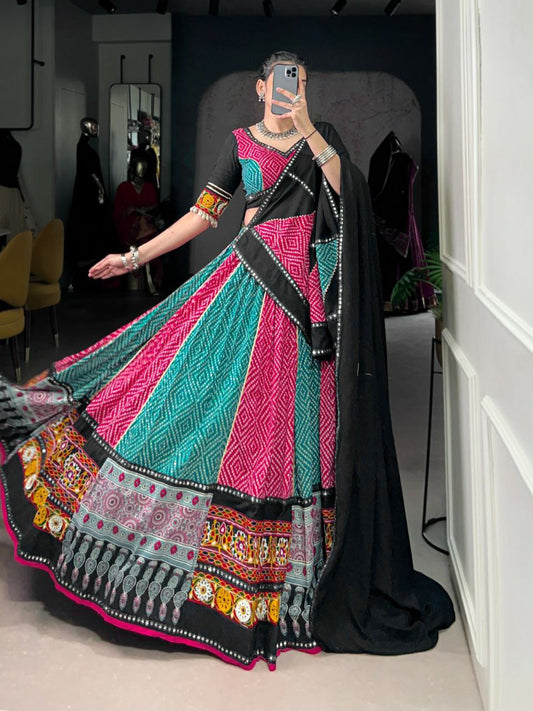 Pure Rayon With Bandhej Print And Ajarakh With Paper Mirror And Gamthi Work With Lace Touch Up Lehenga Choli