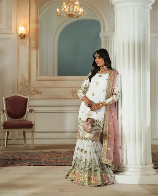 Heavy Faux Georgette & Heavy Micro Cotton With Embroidery Sequence Work And Soft Butterfly Net Dupatta Sharara Dress
