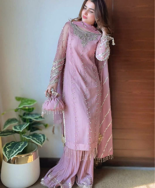 Heavy Faux Georgette And Heavy Embroidery Sequence Work With Rivet Moti Work And Fancy Latkan Border With Elastic Palazzo Dress