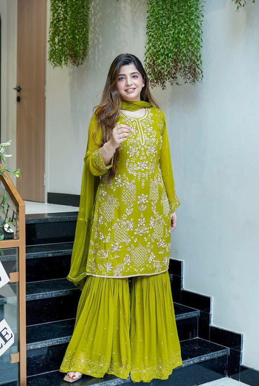 Heavy Faux Georgette & Embroidery Sequence Work With Lace Border Dupatta Type Sharara Palazzo Dress