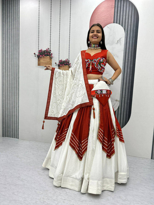 Riyon Cotton With Gamathi Work And Real Mirror Work With Sequence Work Dupatta & Canvas Patta Lehenga Choli