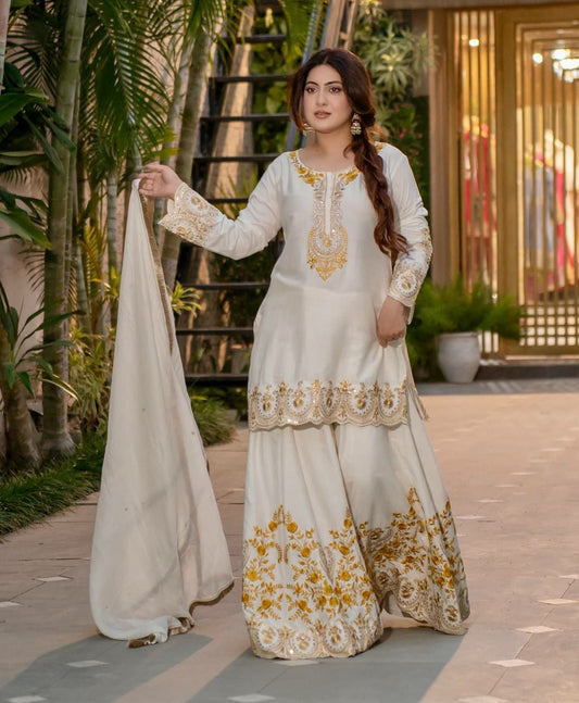 Heavy French Crape With Heavy Micro Cotton And Embroidery Sequence Work With Fully Flair Sharara Palazzo Dress