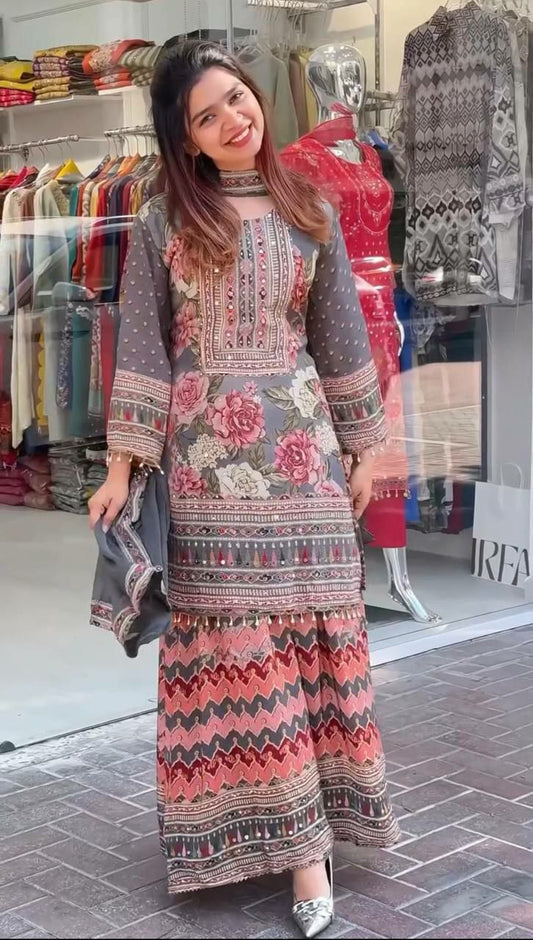 HEAVY FUAX GEORGETTE & DIGITAL PRINT LESS BODER WITH REAL MIRROR HAND WORK PALAZZO DRESS