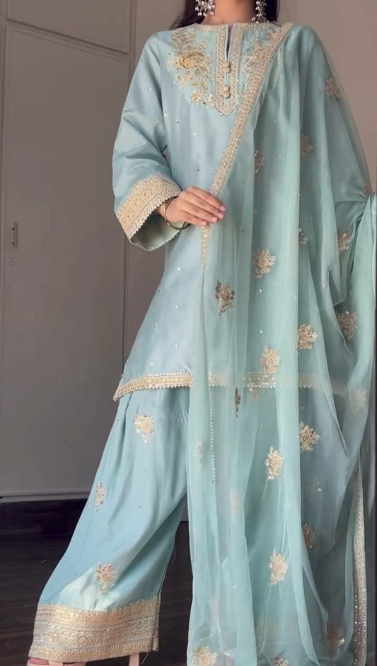 Chinon Silk With Heavy Micro Cotton And Embroidery Sequence Work With Elastic Palazzo Dress
