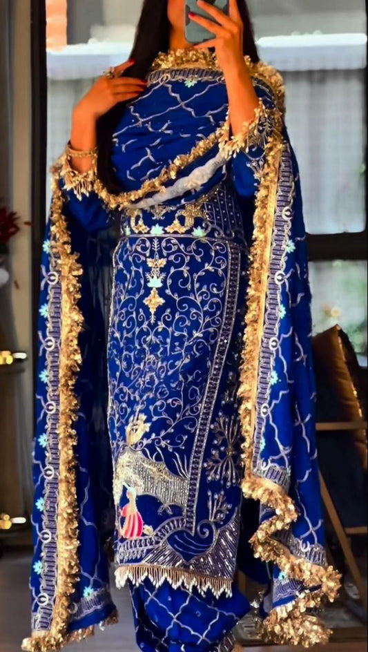 Natural Crepe With Heavy Embroidery Sequence Work And Fancy Lees Dupatta Type Dhoti Salwar Suit