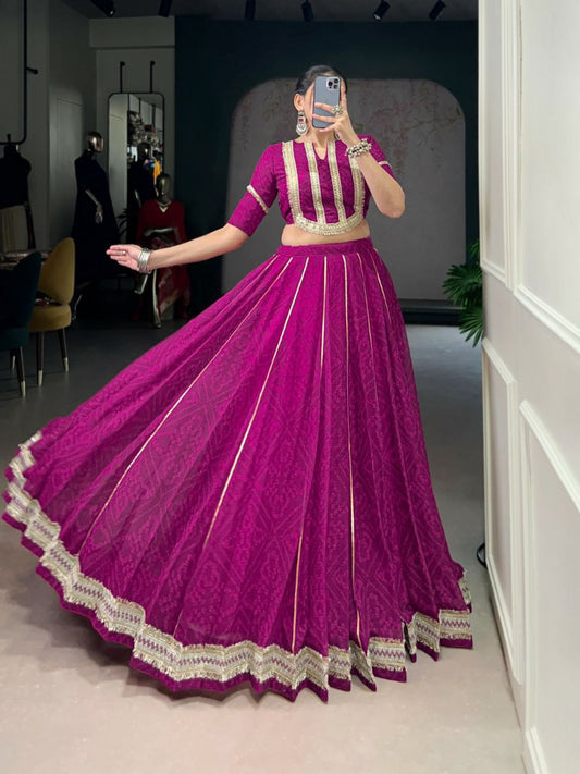 Chiffon & Bandhej Print With Sequins And Gotta Patti Lace Touch Up With Canvas Lehenga Choli