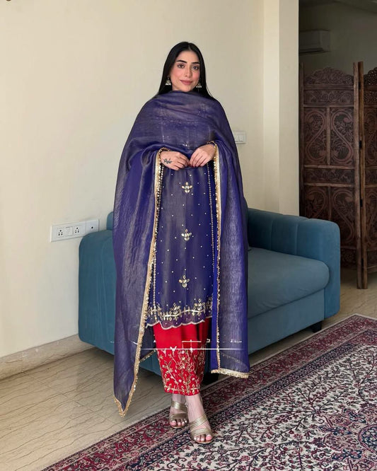 HEAVY GOLD CRUSHE SILK AND HEAVY EMBROIDERY SEQUENCE WITH BOTH SIDE REVET MOTI WORK PALAZZO DRESS