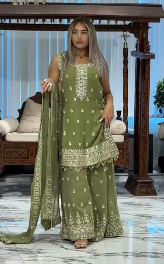 Heavy Faux Georgette With Embroidery Sequence Work And Fancy Latkan Border Type Palazzo Dress