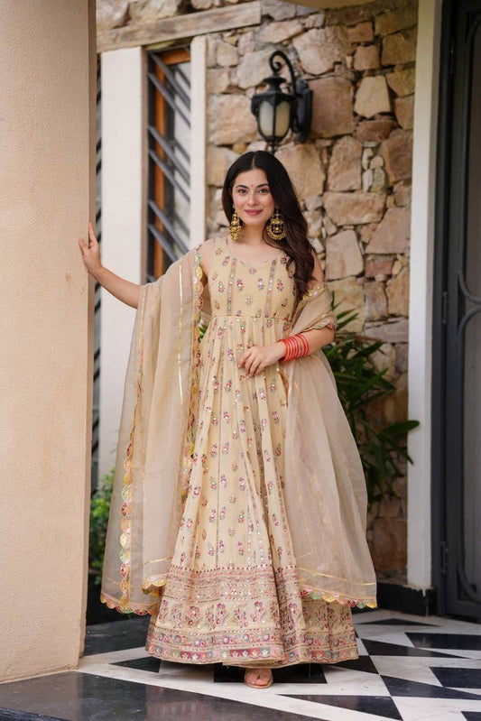 SIMMER WITH MICRO COTTON INNER & EMBROIDERY WORK WITH CUT-WORK BORDER GOWN