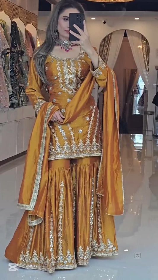 Heavy Faux Georgette With Embroidery Sequence Work & Beads Work With Full Sleeve Gharara Dress