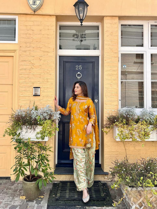 Natural Crepe Silk With Embroidery Siquence Work And Less Border With Elastic Farshi Pent Type Dress