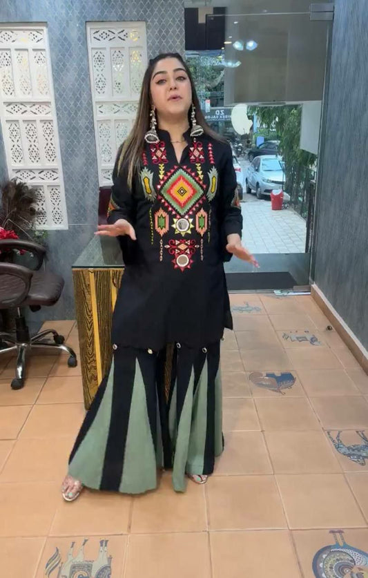 Pure Cotton Embroidery Work And Real Mirror Work With Full Flair Palazzo Suit