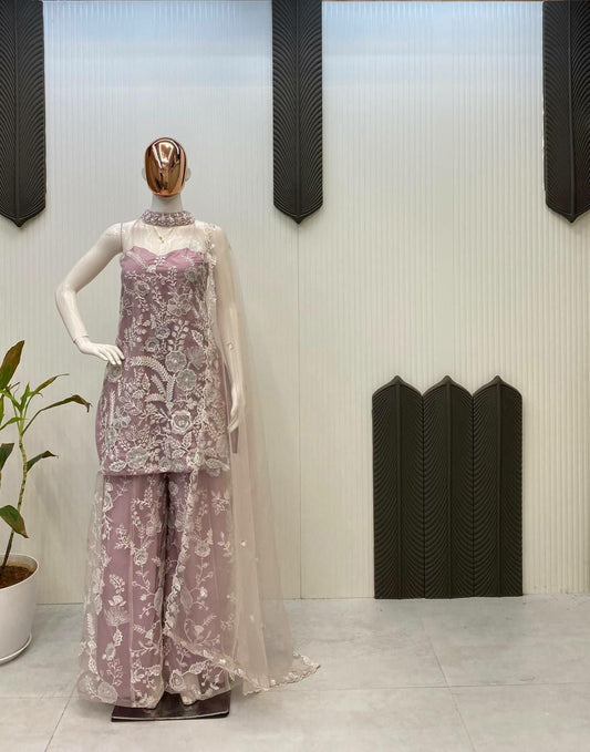 BUTTERFLY NET WITH SEQUENCE EMBROIDERY WORK ON FRONT AND BACK BOTH SIDES PALAZZO DRESS