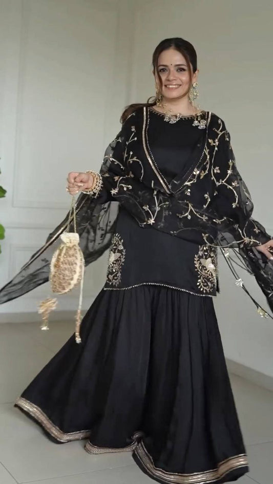 Pure Natural Crepe With Embroidery Sequence Work And Less Border Dupatta Type Sharara Palazzo Dress