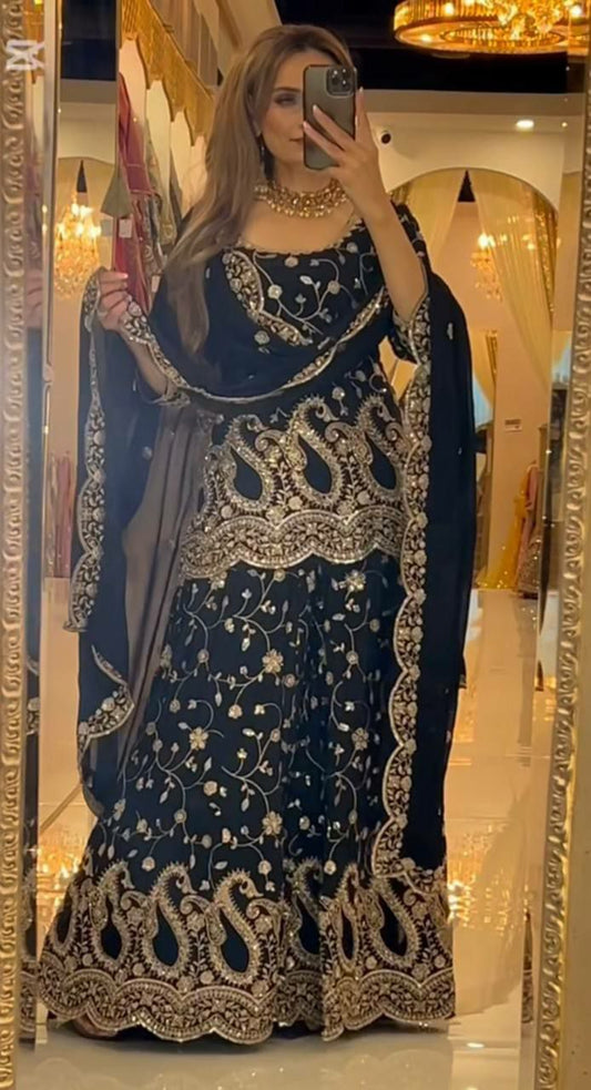 Pure Heavy Chinon Silk With Heavy Embroidery Sequence Work And Four Side Lace Border Dupatta Type Palazzo Dress