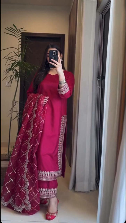 Malay Satin Silk With Heavy Embroidery Thread Work With Ready Made Less Border Type Dress