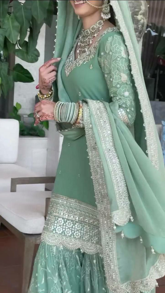 Heavy Pure Chinon With Embroidery Sequence & Fully Flair With Lace Border Sharara Palazzo