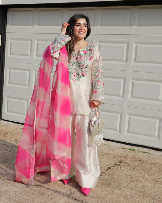 Natural Crepe Silk With Embroidery Siquence Work & Heavy Tissue Silk Digital Print With Less Border Dress