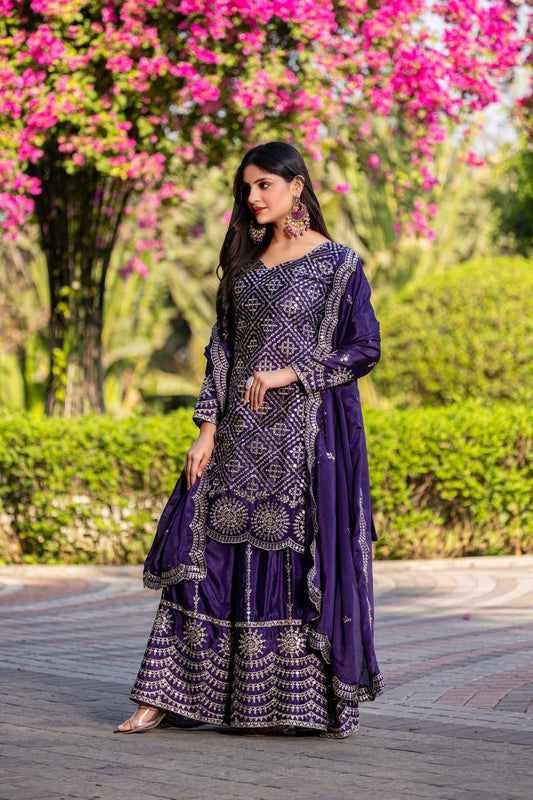 Chinon And Micro Cotton With Heavy Embroidery Thread & Sequence Work Palazzo Kurti