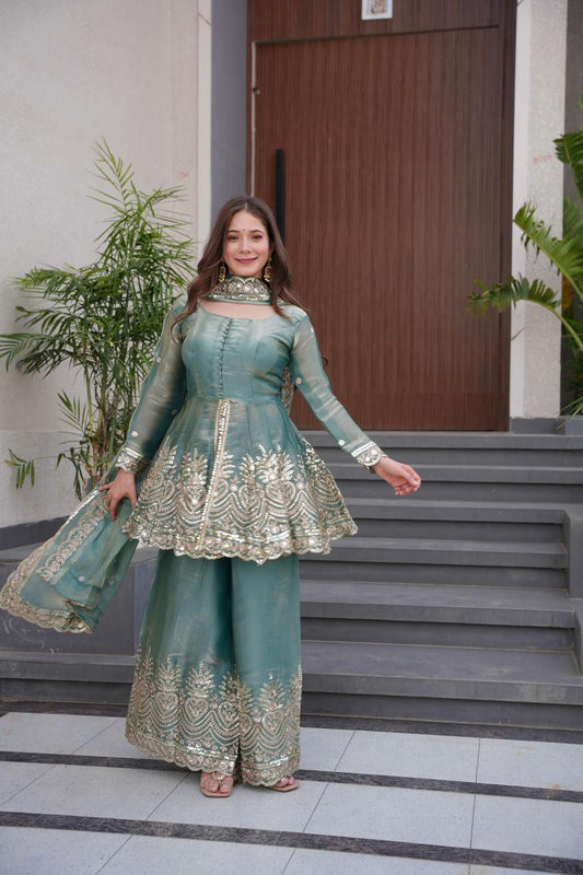 Heavy Two Tone Fendy Satin Silk With Micro Cotton And Heavy Embroidery Sequins With Real Mirror Sharara Gown