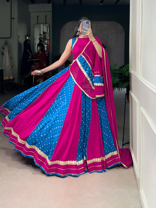 Tasar Silk And Bandhej Print With Lace Touch Up Stitched With Canvas And Full Inner Lehenga Choli