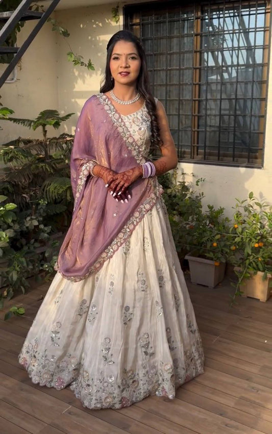 Chinon With Micro Cotton Inner And Embroidery Thread And Sequence Work Lehenga Choli