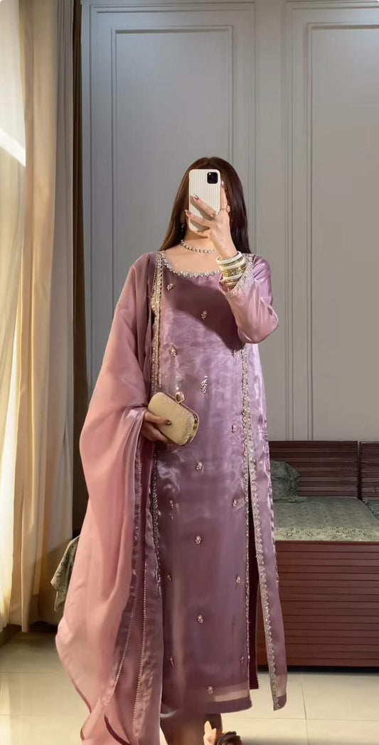 Pure Jimmy Choo And Heavy Embroidery Sequence Work With Moti Hand Work And Four Side Fancy Lace Border Palazzo Dress