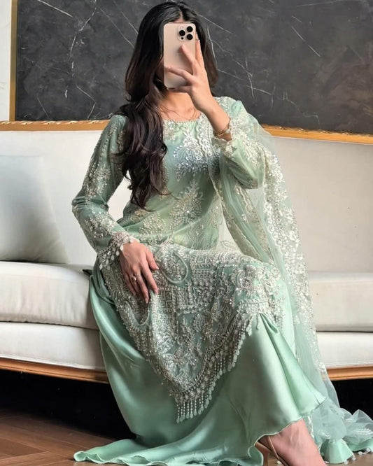 HEAVY SOFT NET AND HEAVY EMBROIDERY CHINE SEQUENCES WORK WITH FANCY LACE PALAZZO DRESS