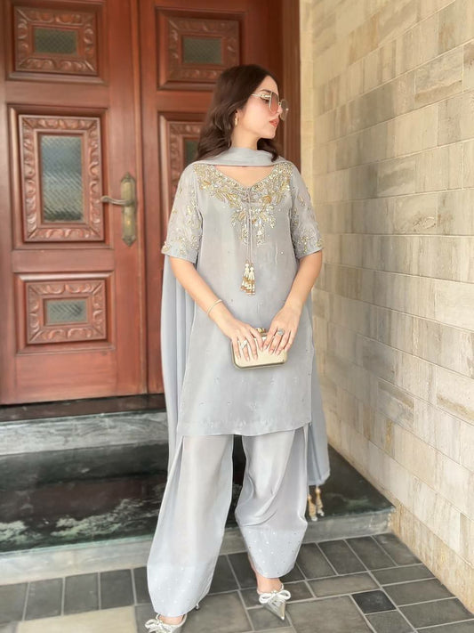 Pure Natural Crepe With Beads Hand Work & Embroidery Sequence Work With Ready made Less Border With Elastic Farshi Palazzo Dress