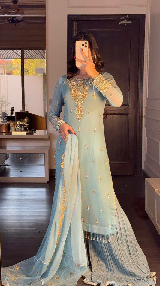 Heavy Faux Georgette And Heavy Embroidery Sequence Work With Crepe And Lace Border With Elastic Palazzo Dress