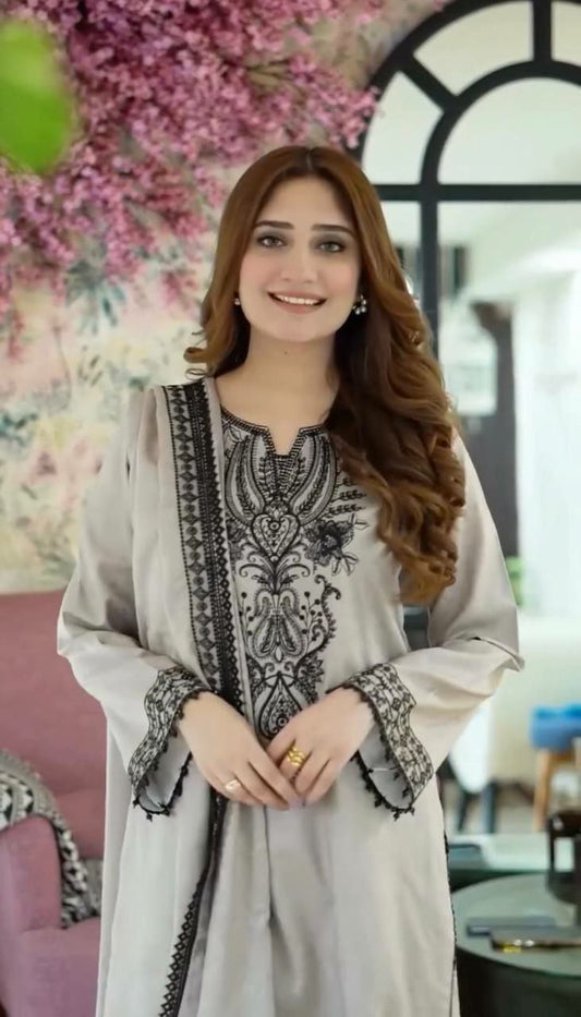 Heavy Faux Georgette With Embroidery Work And Fancy Sleeves With Fancy Latkan Border Bottom Suit