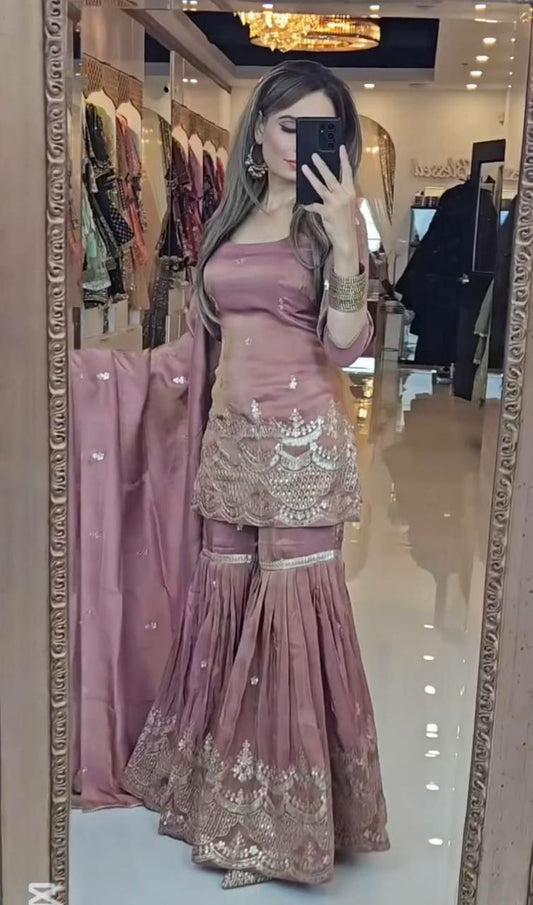 Heavy Chinon Silk & Embroidery Sequence With Fully Flair And Lace Border Sharara Palazzo