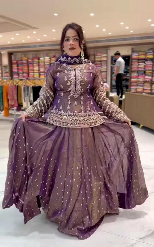 Simmer Silk And Embroidery Work With Sequence Work And Zari Work With Moti Work Type Top & Lehenga