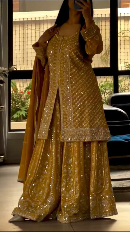 Heavy Faux Georgette & Embroidery Sequence With Fully Flair And Lace Border Sharara Palazzo