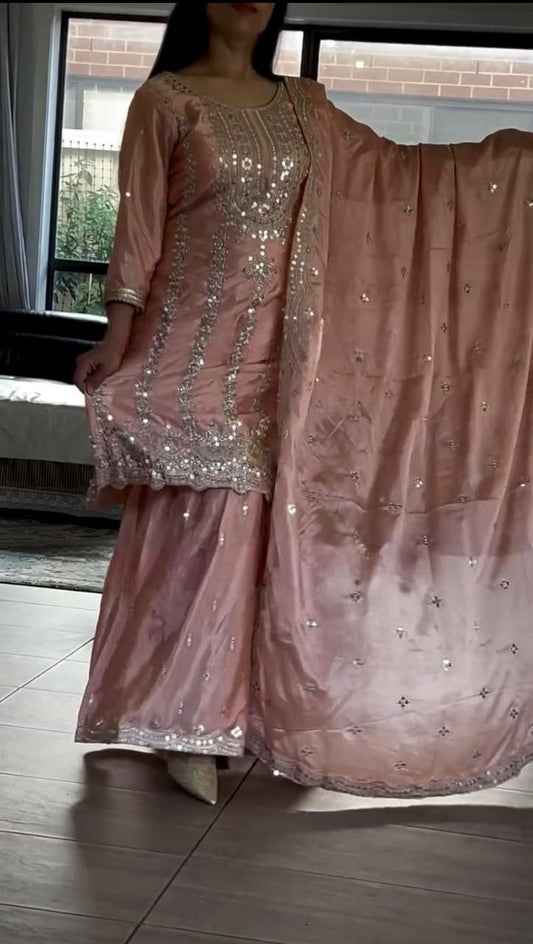 Pure Heavy Chinon Silk And Heavy Embroidery Work With Fancy Borders Less Work Fully Flair Sharara Palazzo Dress